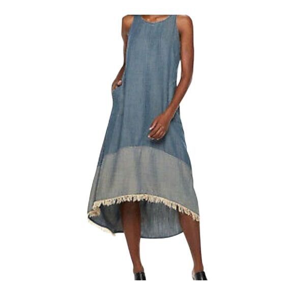 Hope & Harlow Denim Hi Low Tank Swing Dress Boho Fringe Hippie 2-tone Blue sz 12 - Picture 1 of 16
